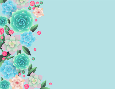 Floral background in blue, green and turquoise colors. Succulents, flowers and decorative leaves. Place for text. - Vector illustration