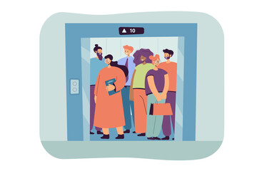 Group of people standing in elevator isolated flat vector illustration. Cartoon different characters inside lift with open doors. Office and building interior concept © SurfupVector