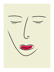 One-line face portrait, modern abstract colorful shapes. An isolated surreal portrait of a woman with closed eyes. Vector illustration in a modern abstract style.