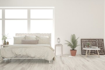 White bedroom interior. Scandinavian design. 3D illustration