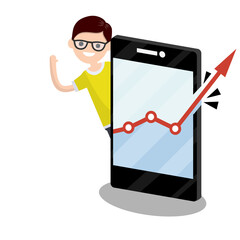 Young man and huge phone with business growth graph. Blogger and statistics of subscribers and views. red arrow breaks border and frames. Cartoon flat illustration. Guy and online business