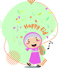 Muslim little girl smiling while holding a rebana and saying Happy Eid
