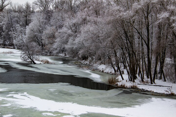Beautiful view on the river Psel the winter in city Sumy in Ukraine. Winter trees covered with snow...