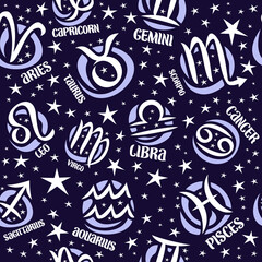 Vector Astrology Seamless Pattern, square repeating zodiac background with astrology symbols, illustrations of twelve zodiac signs and cartoon design stars for horoscope prediction on blue background.