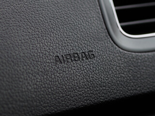 Detailed closeup image of a dashboard airbag zone work in interior of modern car. Sign Airbag.