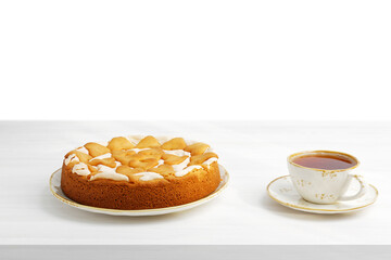 Homemade berry pie with meringue and cookies on white wooden table against white background. Copyspace.
