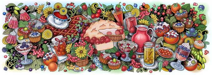 Fototapeta na wymiar Sweets, berries, fruits, drinks illustration