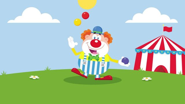 Funny Clown Cartoon Character With Balloons And Birthday Cake. 4K Animation Video Motion Graphics With Landscape Background  And Text