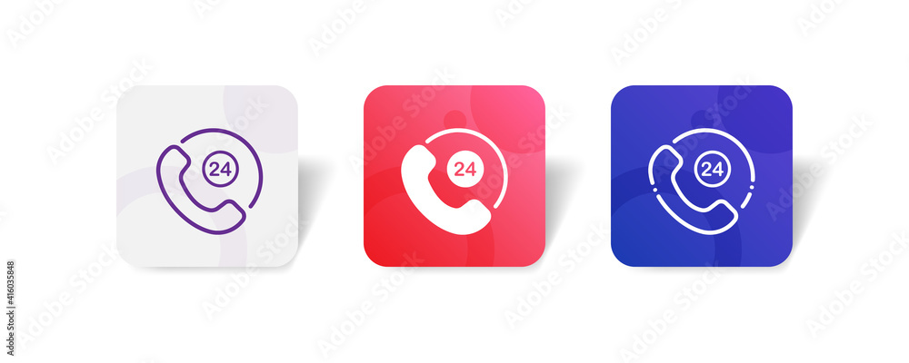 Poster 24 hour phone arrow support service icon set bundle in line, solid, glyph, 3d gradient style