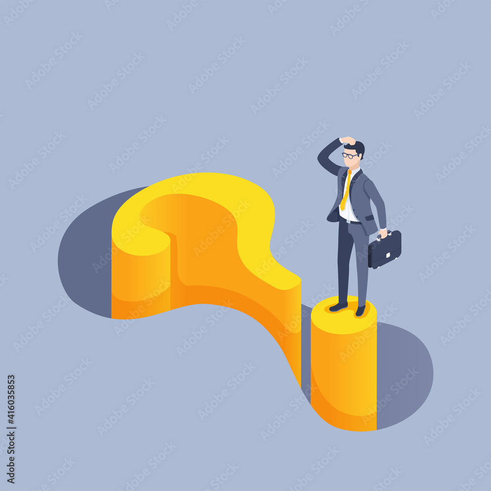 Aufkleber isometric vector illustration on a gray background, a man in a business suit with a briefcase stands
