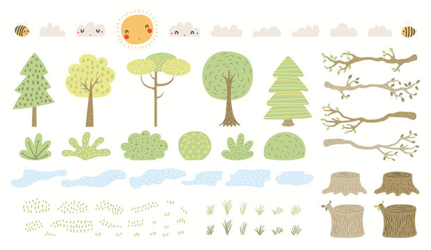 Woodland landscape clipart set, tree, bush, grass, pond, isolated on white. Hand drawn vector illustration. Scene creator, elements collection. Scandinavian style flat design. Concept for kids print