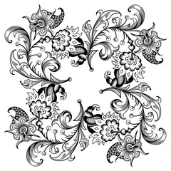 Floral hand drawn raster vintage illustration. Engraved nature elements