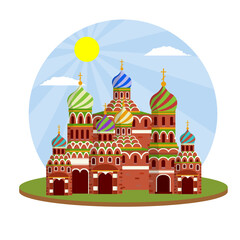 Orthodox Church. Eastern religious temple with bell tower. Monastery and Cathedral. Element of red square in Moscow Kremlin. Cartoon flat illustration. Prayer and Christian Greek and Russian faith