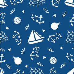 Boats, anchors, buoys vector seamless pattern background. Blue white backdrop with yachts, sailing equipment, scribbled abstract wavy lines and shapes. Duotone marine nautical themed all over print