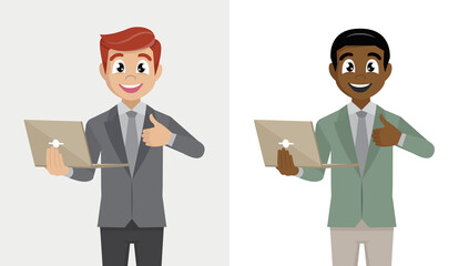 Successful young Businessman holding laptop computer  and showing gesturing thumbs up sign.