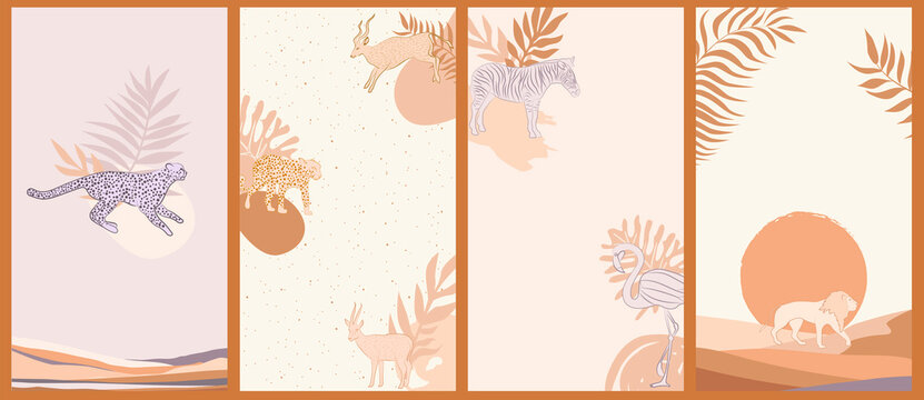 Collection of vertical background with African wild animals, plants. Mobile App, Social media background.  Editable vector illustration.
