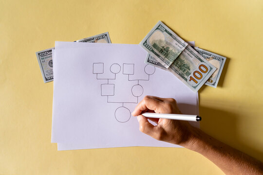 Hand drawing family tree with money around it. Concept of family wealth.