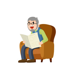 Old man sits in a brown chair and reads newspaper. Lifestyle of senior. Cartoon flat illustration. rest and relax of grandfather with news. Furniture - armchair