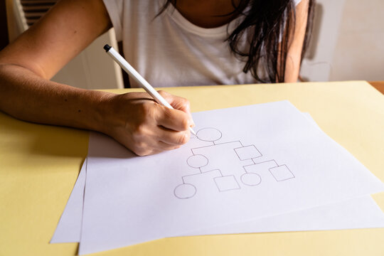 Front view of woman drawing her family tree with her ancestors