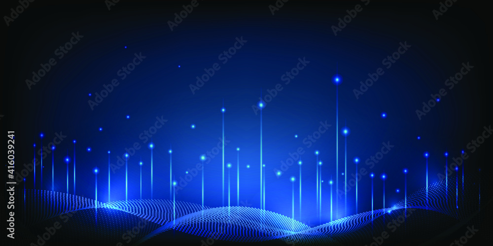 Poster dot particles floating from wavy ground, represent data communication big data nodes. futuristic tec