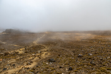 Lande volcanique sous la brume, parc de Tongariro, Nouvelle Zélande