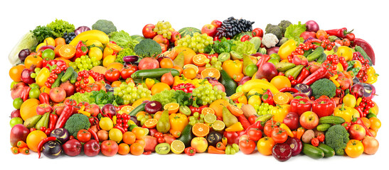 Great background of fresh and healthy fruits and vegetables isolated on white