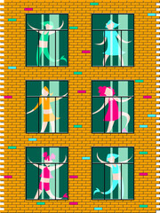 Vector graphics-cute girls in bright clothes actively dance in the windows of a brick three-story house. Concept - stay at home