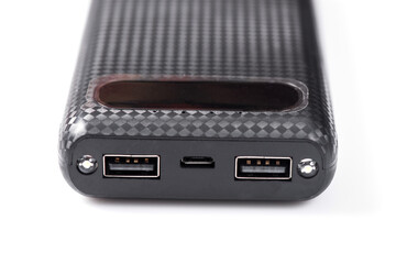 Power bank close up. Power bank for charging mobile devices. External battery for mobile devices.