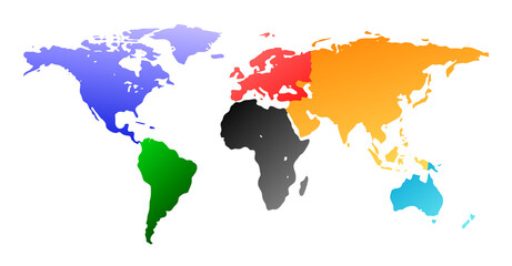 An Illustration of the world with identified continents using different colours.