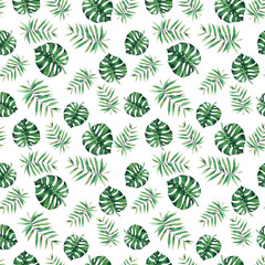 Fototapeta na wymiar Watercolor Tropical leaves seamless pattern, Tropical background, Digital tropical texture, Digital paper Watercolor Palm leaves, Tropical pattern, Exotic Palm leaves