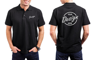 Men's black polo shirt template, front and back - 416042466