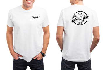 Men's white t-shirt template, front and back - obrazy, fototapety, plakaty