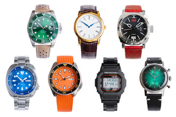 Collection of different wrist watches isolated on white background