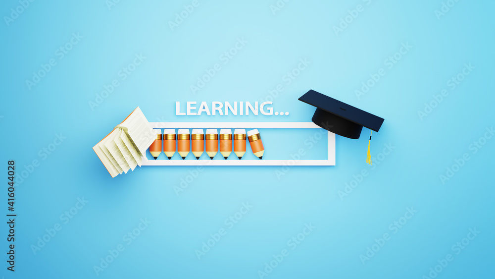 Aufkleber digital online education. 3d of pencils in loading bar and book about learning on phone, computer. s