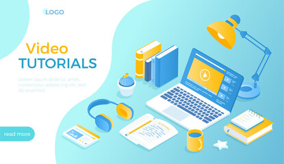 Video tutorials Online service. Distance education E-learning. Online courses, lessons, webinars. Internet studying, training. Laptop with video on screen. Isometric vector illustration for website.