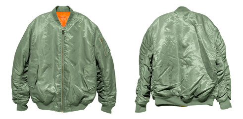 Bomber jacket color green front and back view on white background