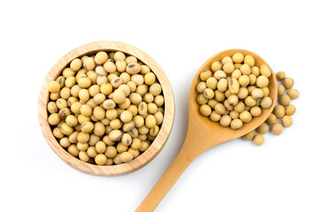 Healthy soybeans In a wooden cup On white background