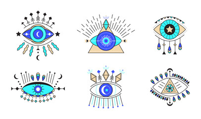 Evil eye icon vector set. Colorful Eye of providence and esoteric symbols. Magic signs for tarot cards. Witchcraft talisman, alchemy and magic tattoo in line style.