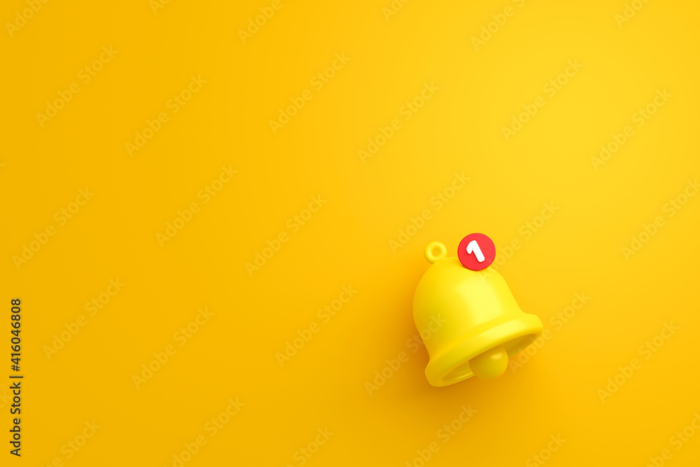 Poster notification message bell icon alert and alarm on yellow background with smartphone reminder. 3d ren