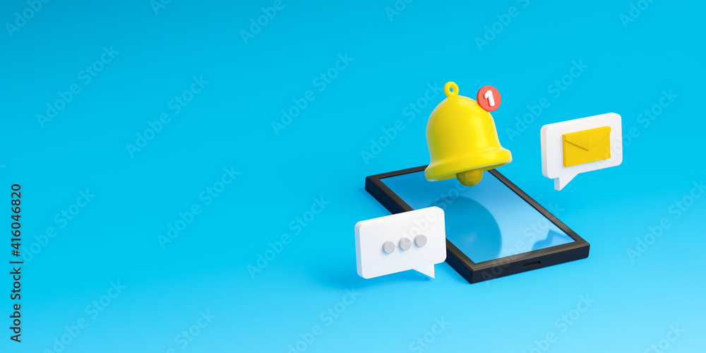 Poster notification message bell icon alert and alarm on blue background with smartphone reminder. 3d rende