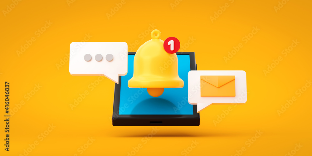 Poster notification message bell icon alert and alarm on yellow background with smartphone reminder. 3d ren