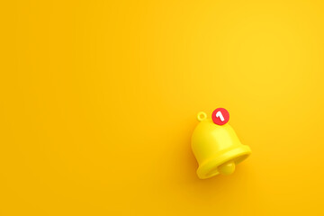 Notification message bell icon alert and alarm on yellow background with smartphone reminder. 3D...