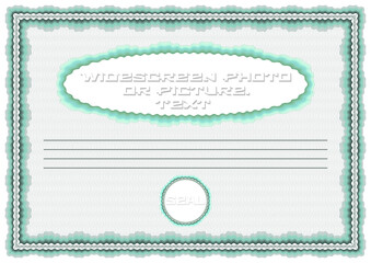 Sample green letterhead, certificate or diploma with guilloche mesh and A4 frame. Widescreen photo or picture, text, seal