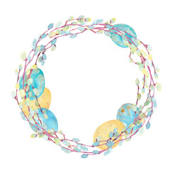 Watercolor clipart with Easter colorful eggs. A wreath of blooming pussy willow branches