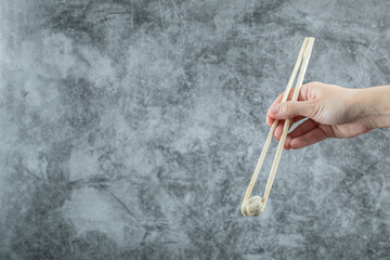 Hand holding a chopstick with a dumpling