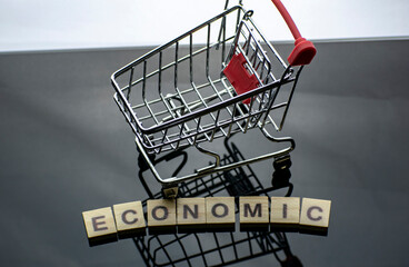 The inscription Economic on a mirrored dark background with a shopping cart.
