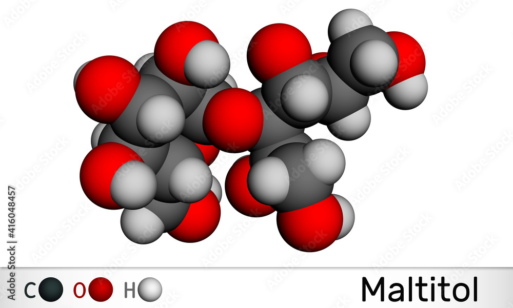 Sticker Maltitol molecule. It is sweetener, sugar substitute, polyol, sugar alcohol. Molecular model. 3D rendering.