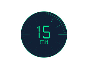 15 min Timer icon, 15 minutes digital timer. Clock and watch, timer, countdown