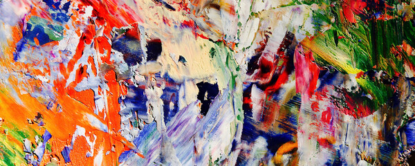 Bunter abstrakter Malereihintergrund. Moderne Motive bildende Kunst. Intensive mehrfarbige Mischung aus lebendigen Ölfarben. Trendige handbemalte Leinwand. Malen Sie Pinselstriche auf Leinwand für trendige Postertapeten. © Valeriy
