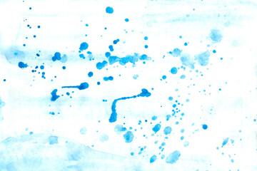 Watercolor colorful drops and spray on a white background. Light blue hand painted background